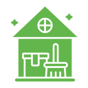 A green icon with a house and a broom, representing professional cleaning services in Sarasota.