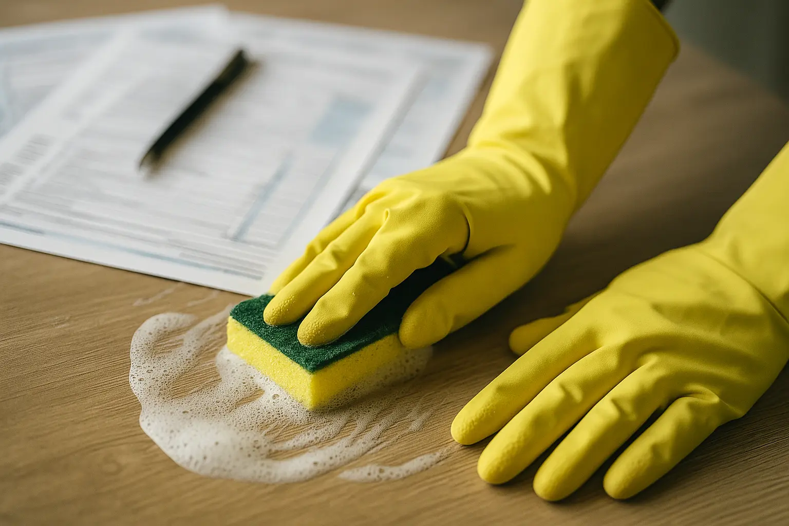 Close-up of cleaner scrubbing kitchen counter with tax forms in background, showing cleaning houses without paying taxes concept