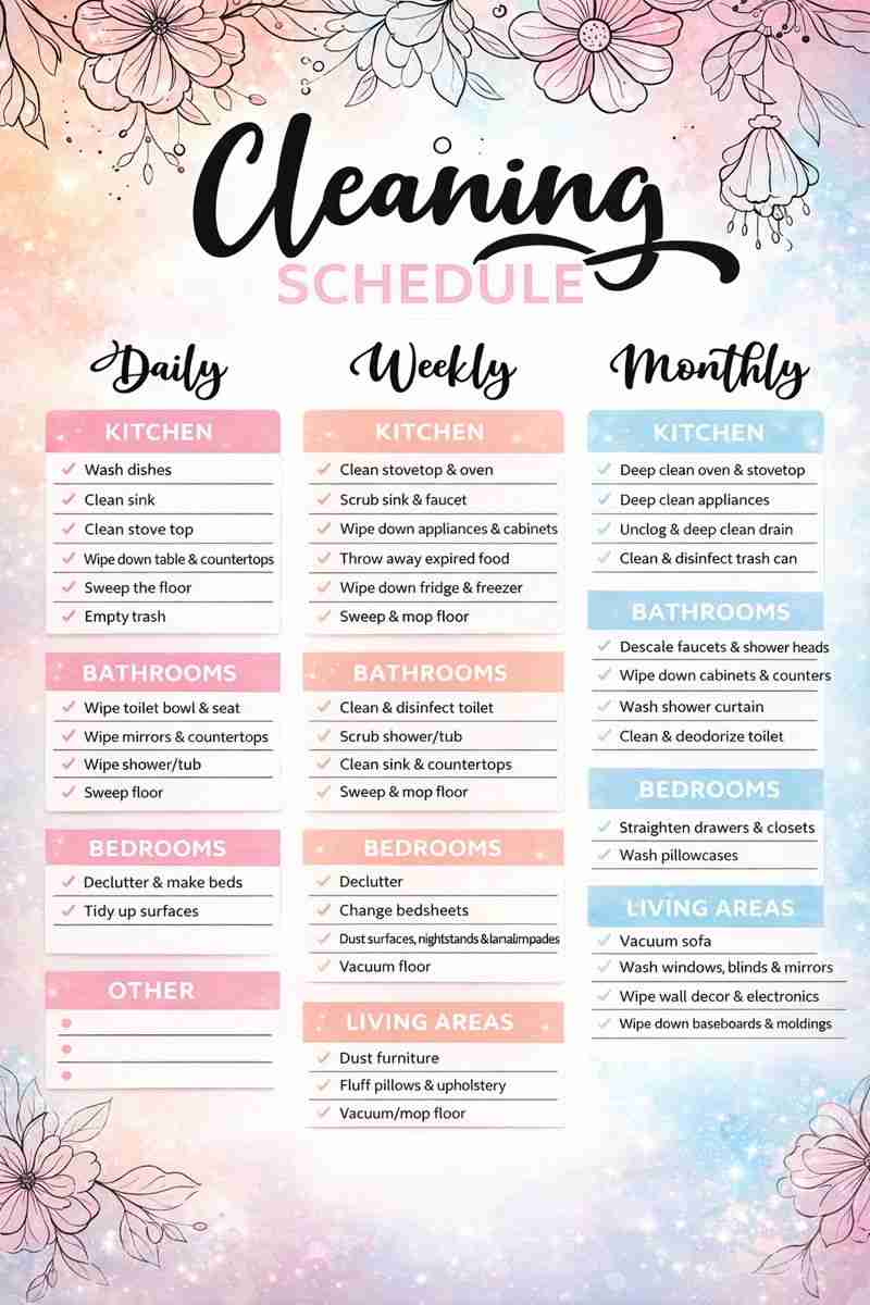 Daily, Weekly, Monthly House Cleaning Schedule