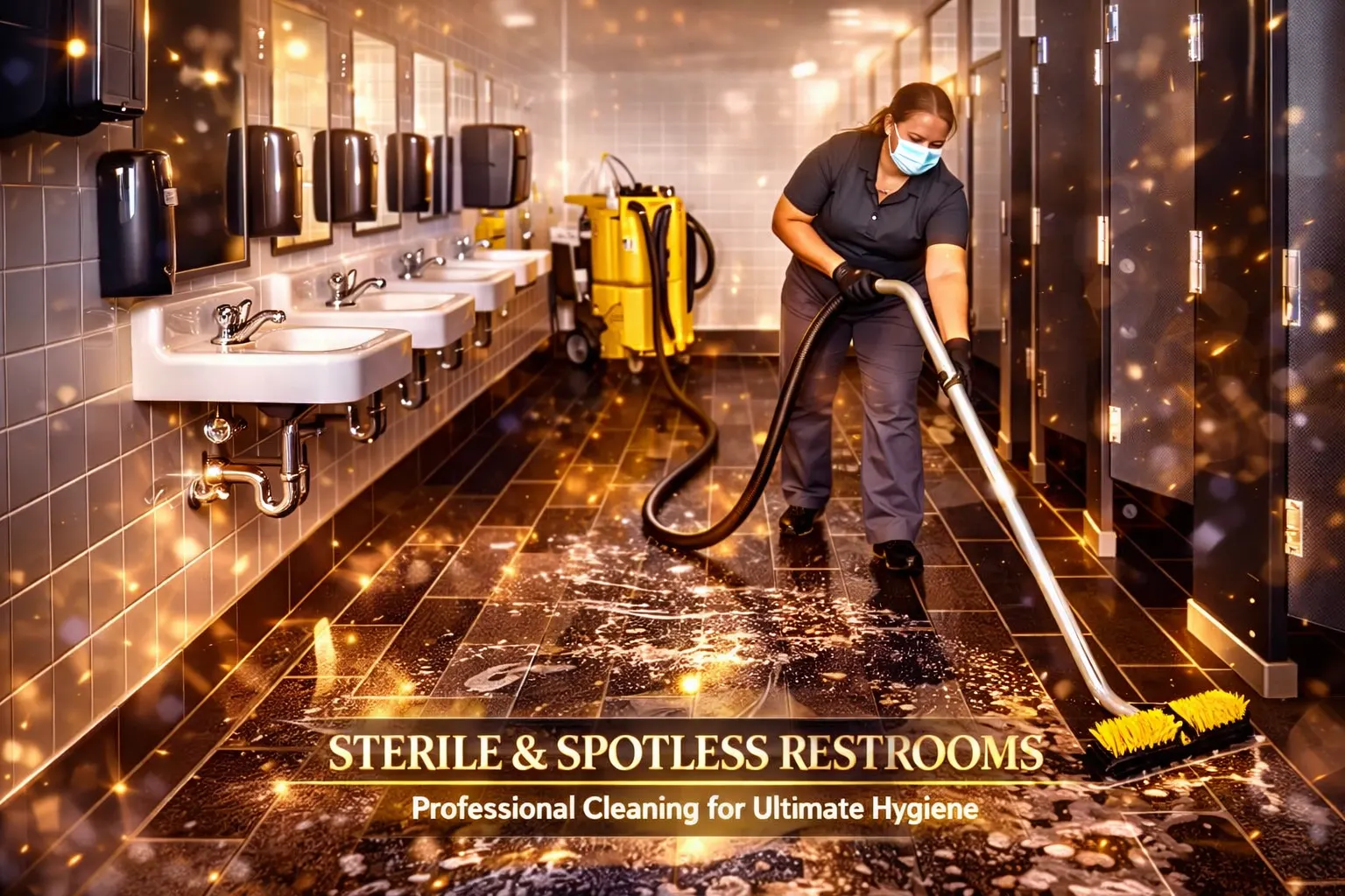 Female Cleaner Performing Commercial Restroom Cleaning